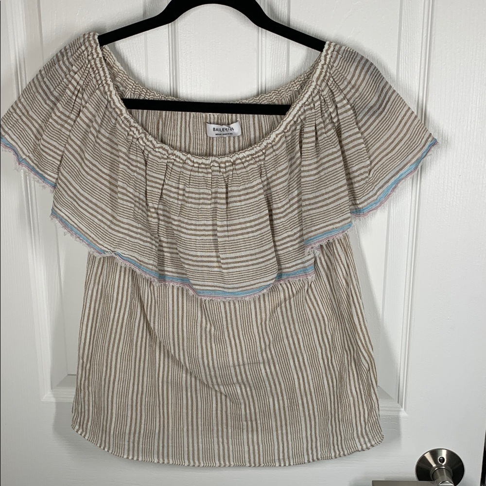Bailey 44 cotton off the shoulder ruffle blouse tan and white size medium